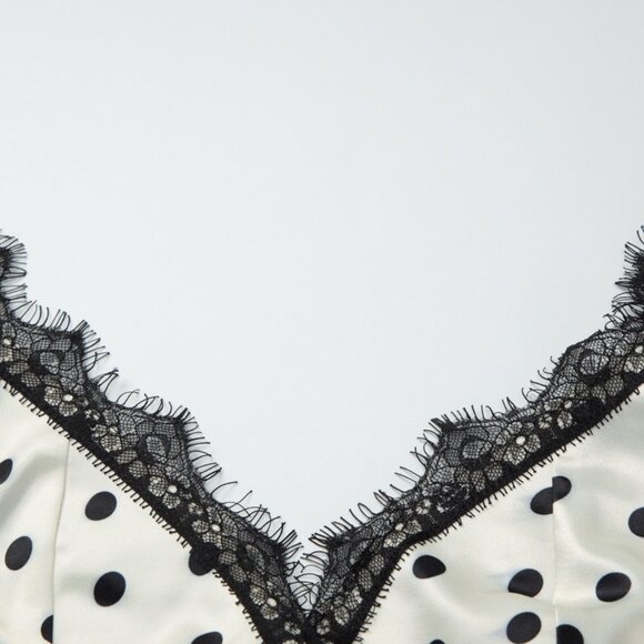 French Vintage Polka Dot Maxi Dress - Romantic Lace Trim Long Gown - Picture 9 of 11